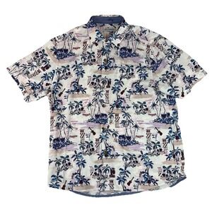 Tommy Bahama Polo Mens Large Button Up Hawaiian Aloha Floral Guitar Hula Girl